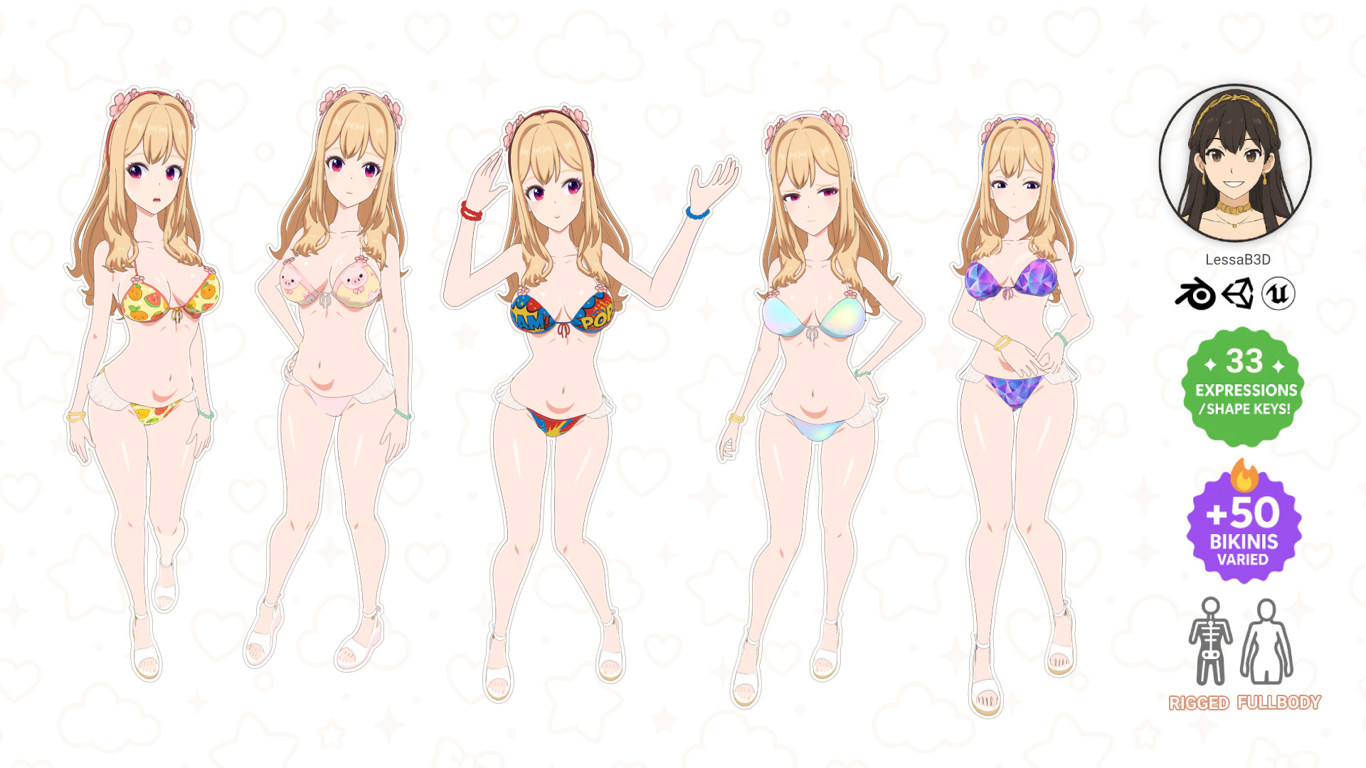 Anime Girl Bikini - Rigged - Shape Keys -  50 Textures Low-poly 3D model_18