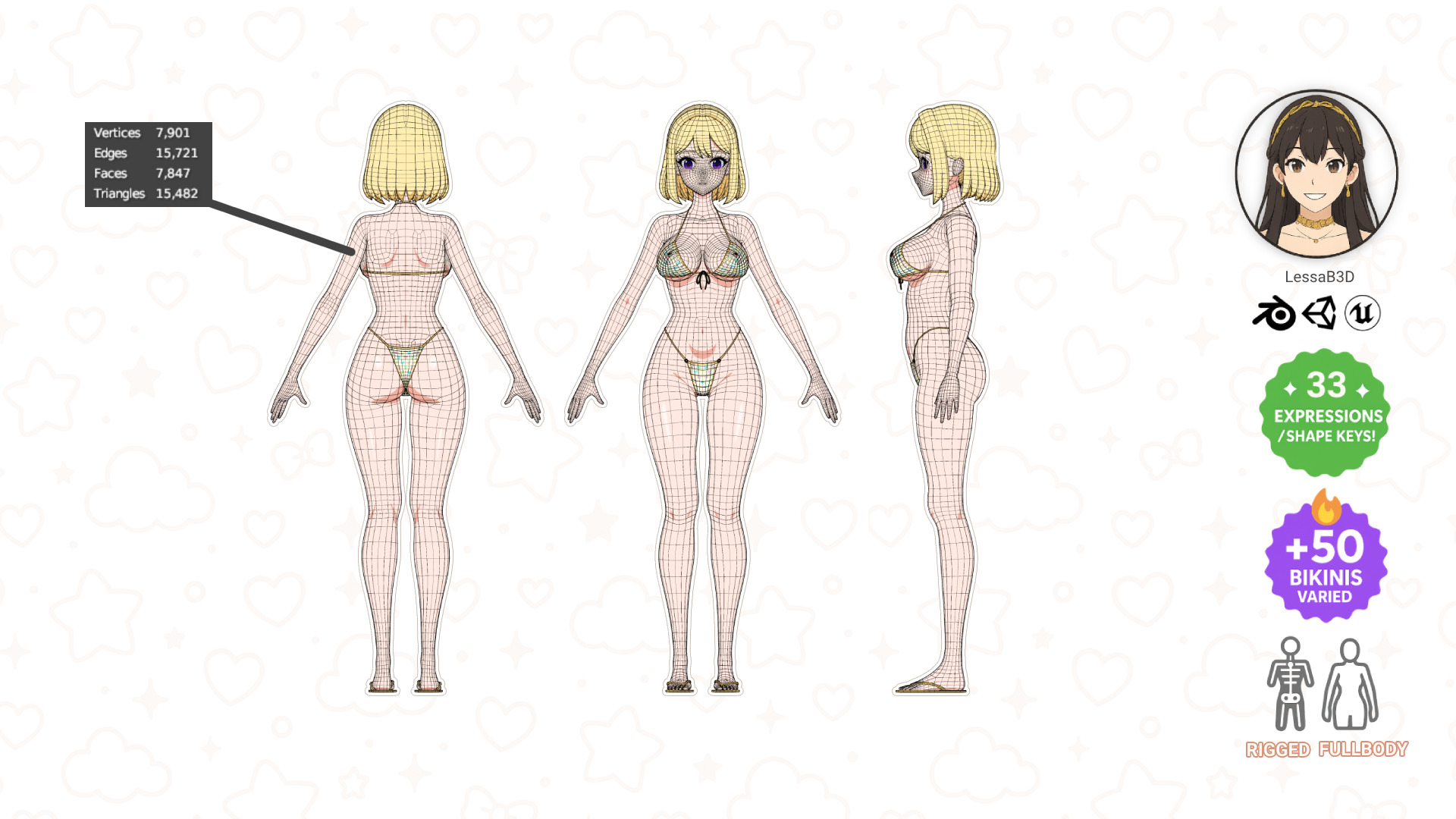 Anime Girl Bikini - Rigged - Shape Keys -  50 Textures Low-poly 3D model_12