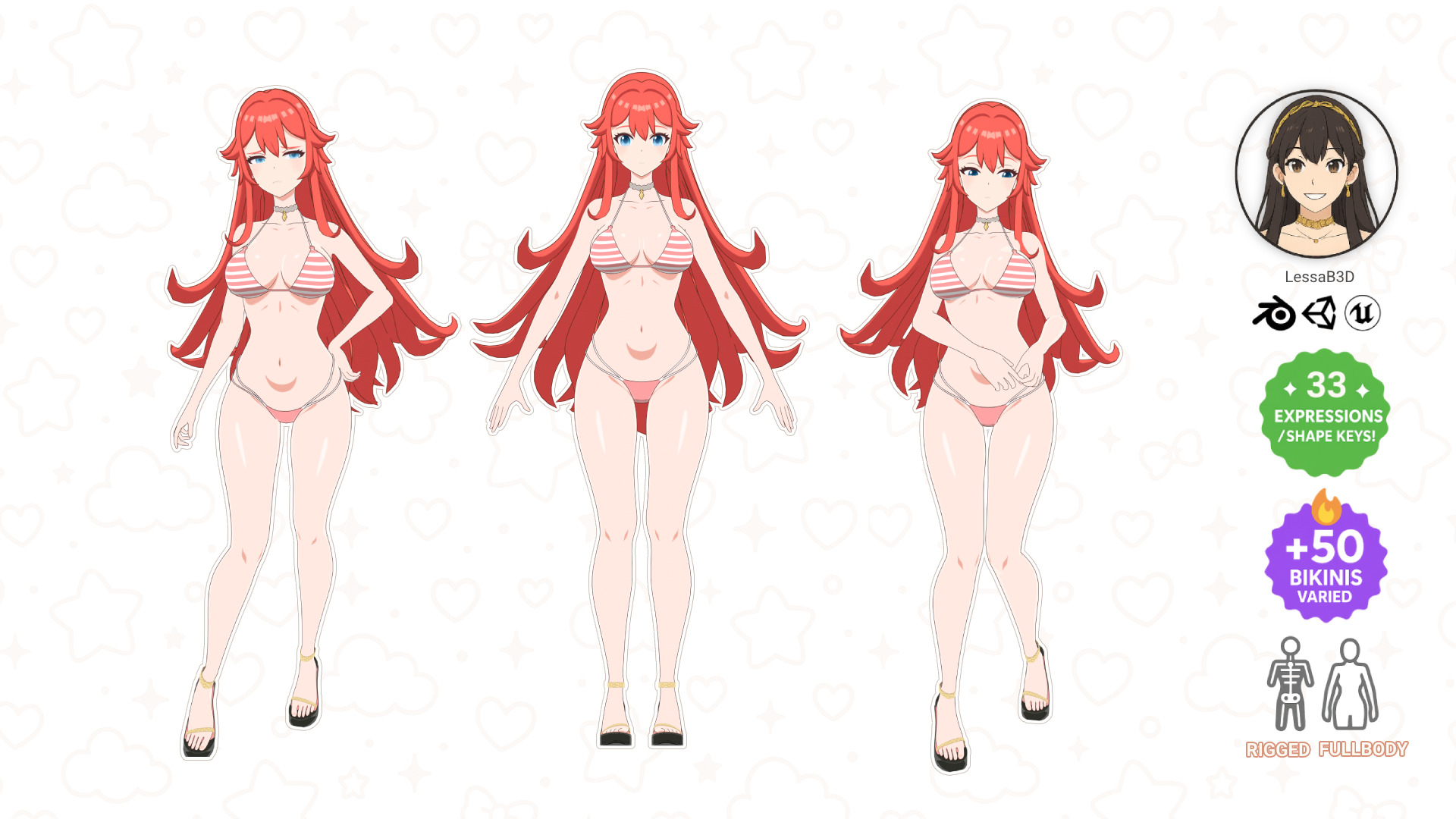 Anime Girl Bikini - Rigged - Shape Keys -  50 Textures Low-poly 3D model_9