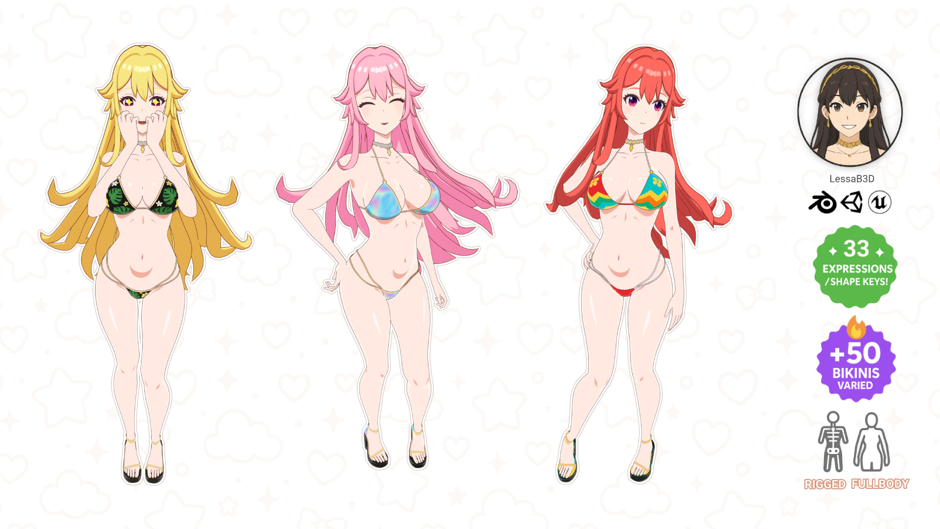 Anime Girl Bikini - Rigged - Shape Keys -  50 Textures Low-poly 3D model_11