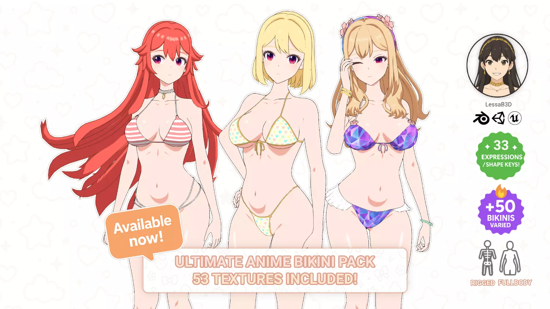 Anime Girl Bikini - Rigged - Shape Keys -  50 Textures Low-poly 3D model_0