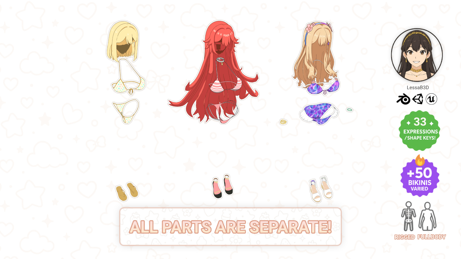 Anime Girl Bikini - Rigged - Shape Keys -  50 Textures Low-poly 3D model_14