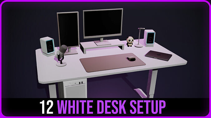 12 White Desk Setup Low-poly 3D model