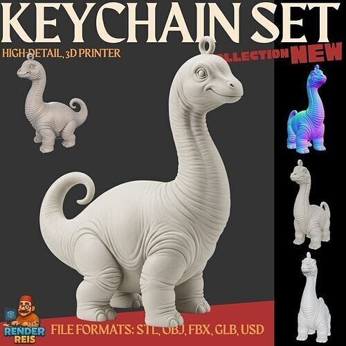 Cute Long Neck Dinosaur Keychain  3D Printable Stylized Figure 3D print model