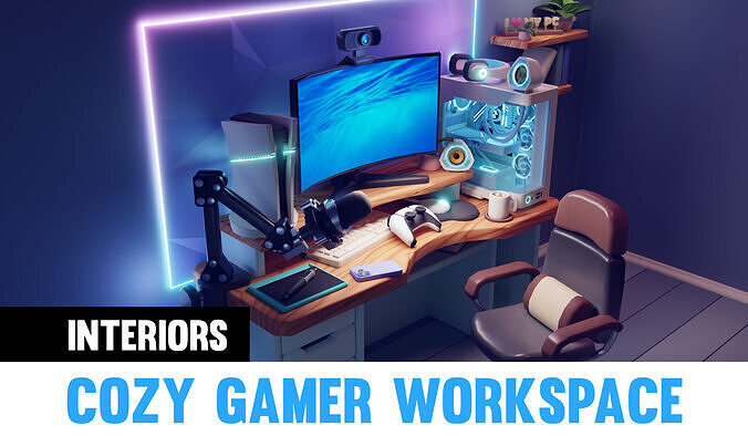 Cozy Gamer Workspace with computer Stylized 3D Cartoon Scene Low-poly 3D model