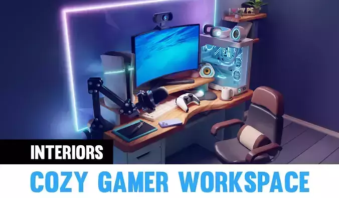 Cozy Gamer Workspace with computer Stylized 3D Cartoon Scene