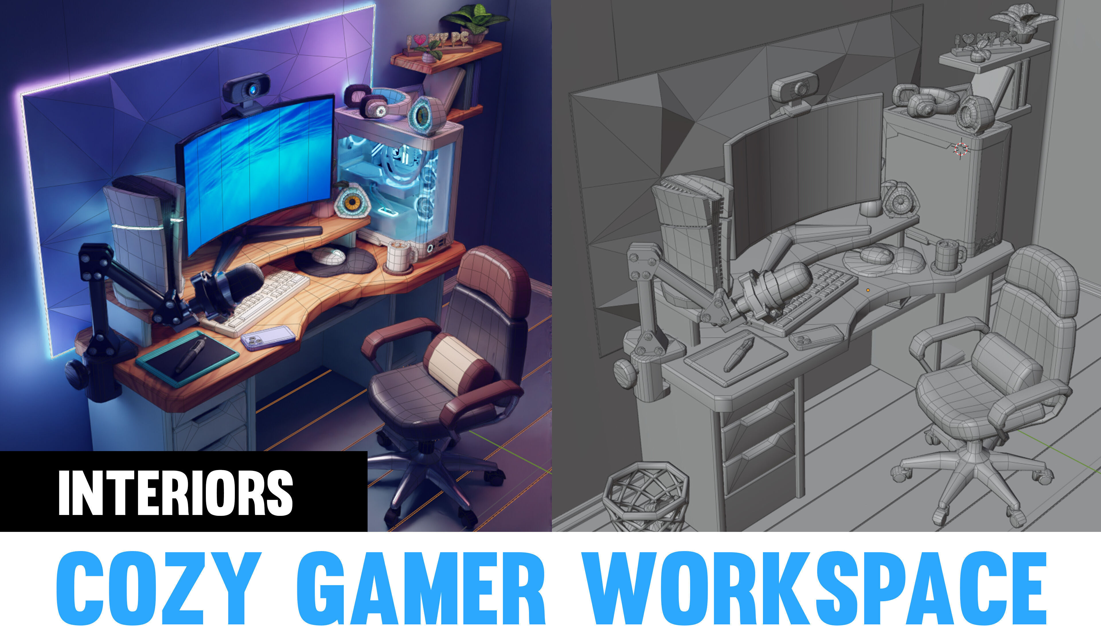Cozy Gamer Workspace with computer Stylized 3D Cartoon Scene Low-poly 3D model_1