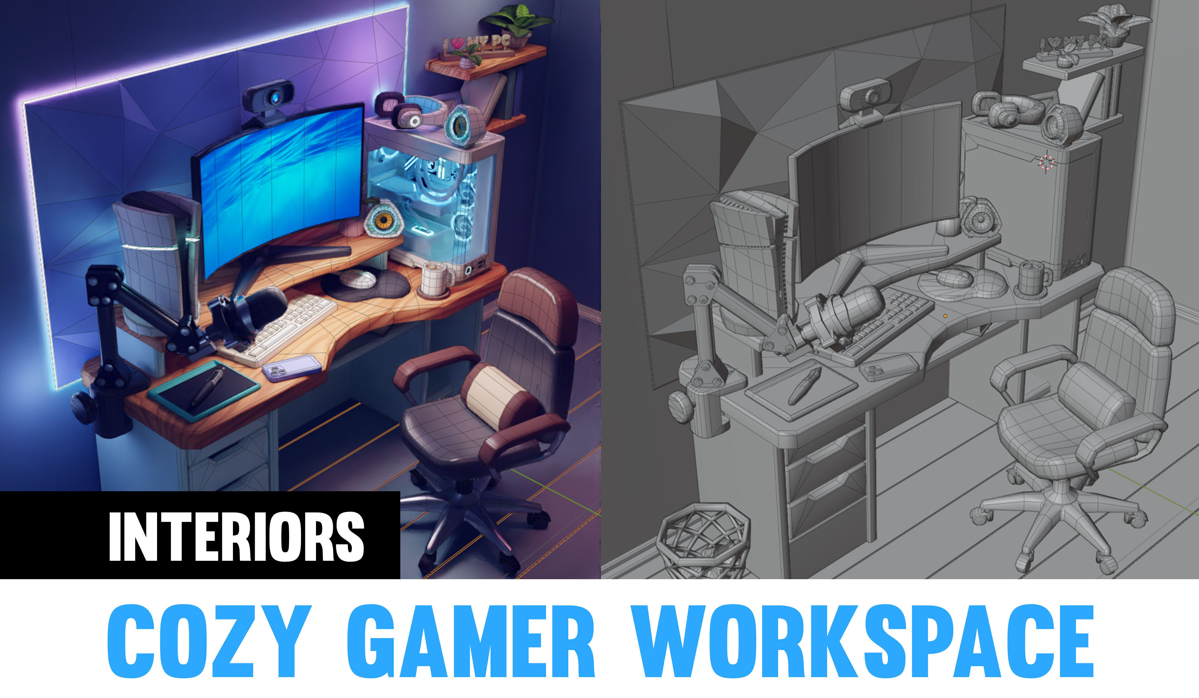 Cozy Gamer Workspace with computer Stylized 3D Cartoon Scene Low-poly 3D model_4
