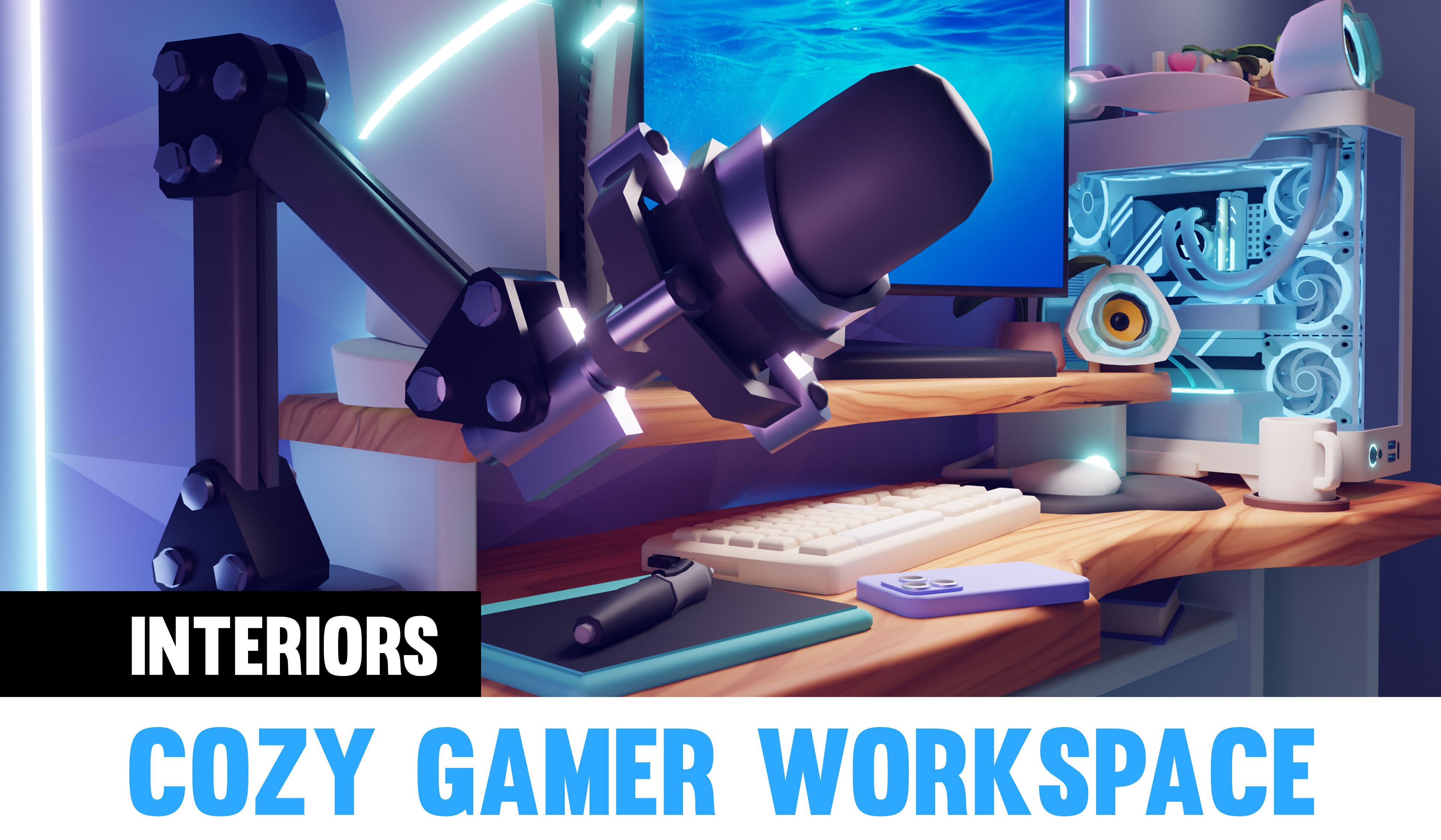 Cozy Gamer Workspace with computer Stylized 3D Cartoon Scene Low-poly 3D model_2