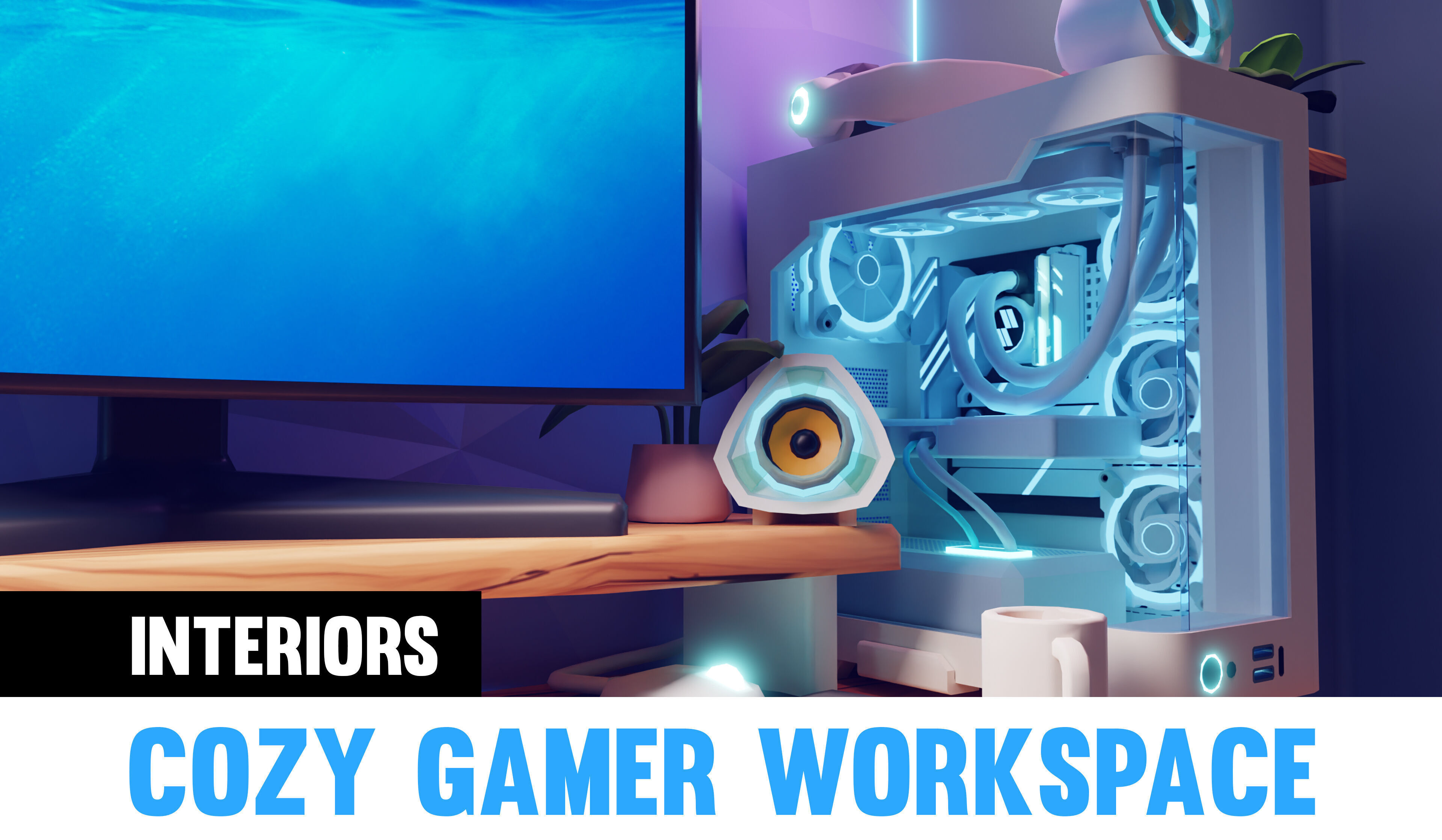 Cozy Gamer Workspace with computer Stylized 3D Cartoon Scene Low-poly 3D model_5