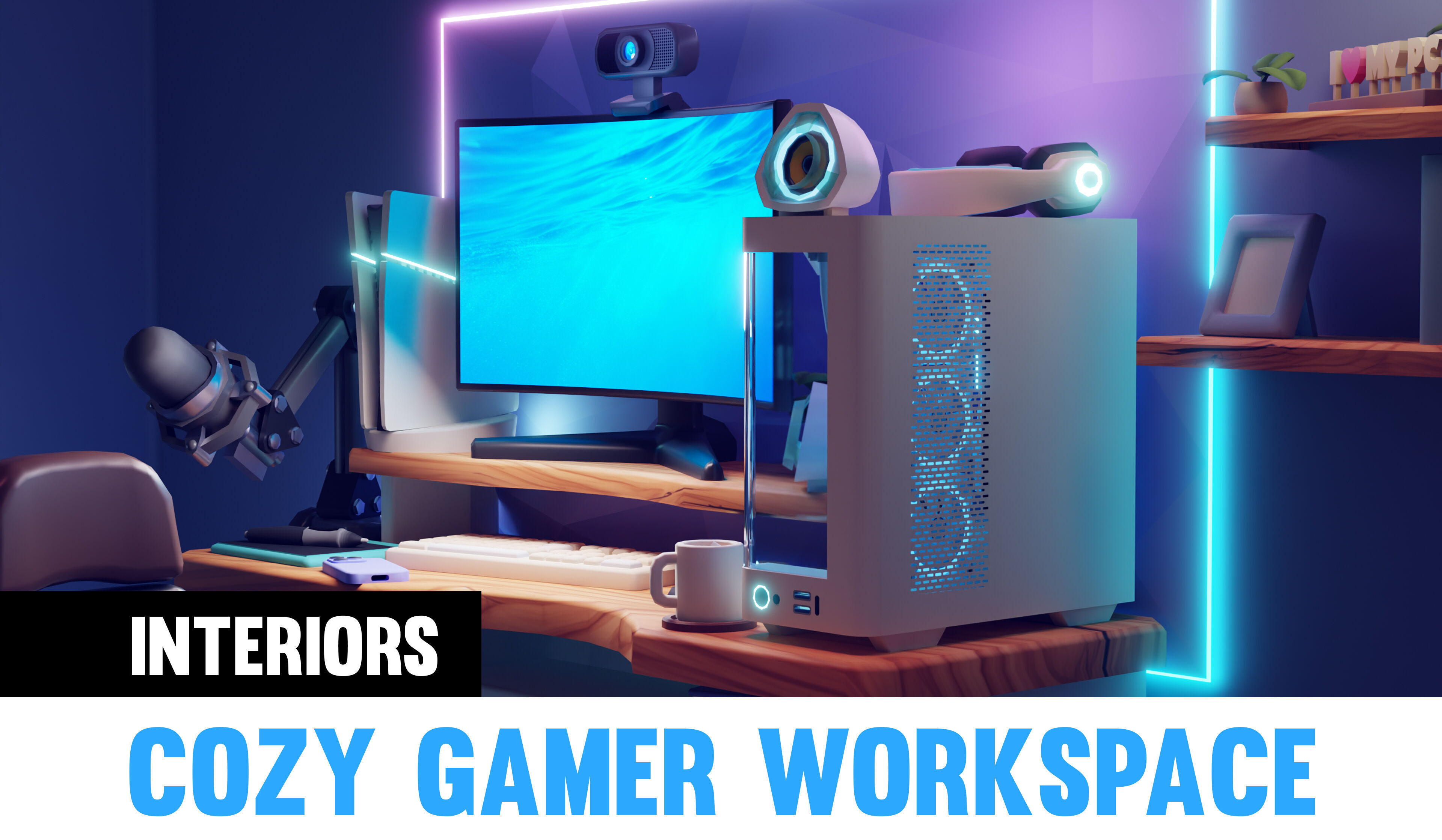 Cozy Gamer Workspace with computer Stylized 3D Cartoon Scene Low-poly 3D model_3
