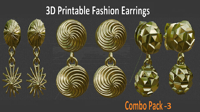 3D Printable Earrings Designs - 3 Fashion Earrings Combo Pack-3 Low-poly 3D print model