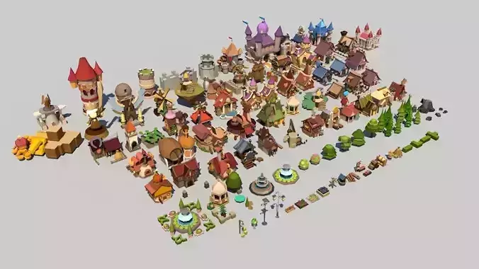 Low Poly Game Ready cartoon Town 3D Model Collection