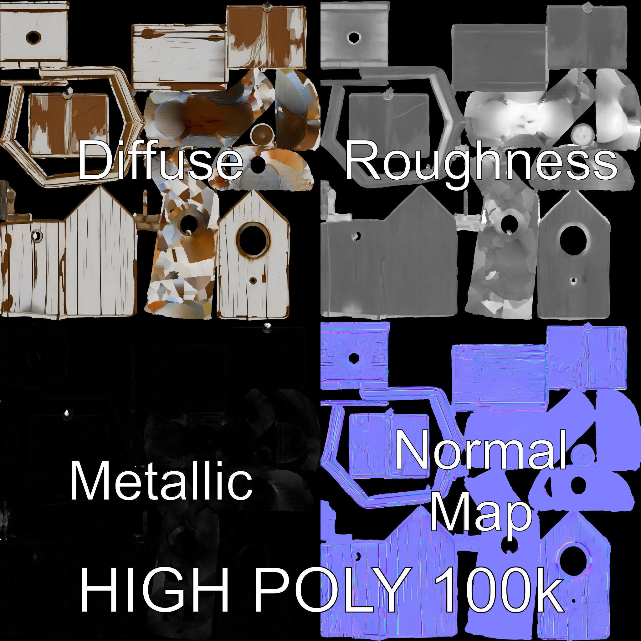 Rustic Wooden Birdhouse Model Pack Low-poly 3D model_4