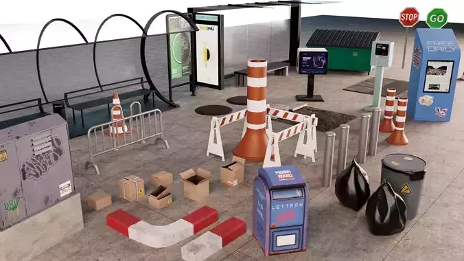  high-quality low-poly 3D urban props pack