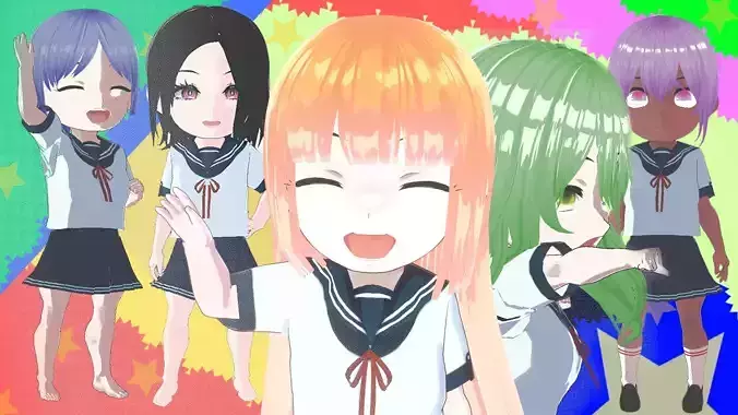 5 Chibi School Girls PACK 3D Model Collection