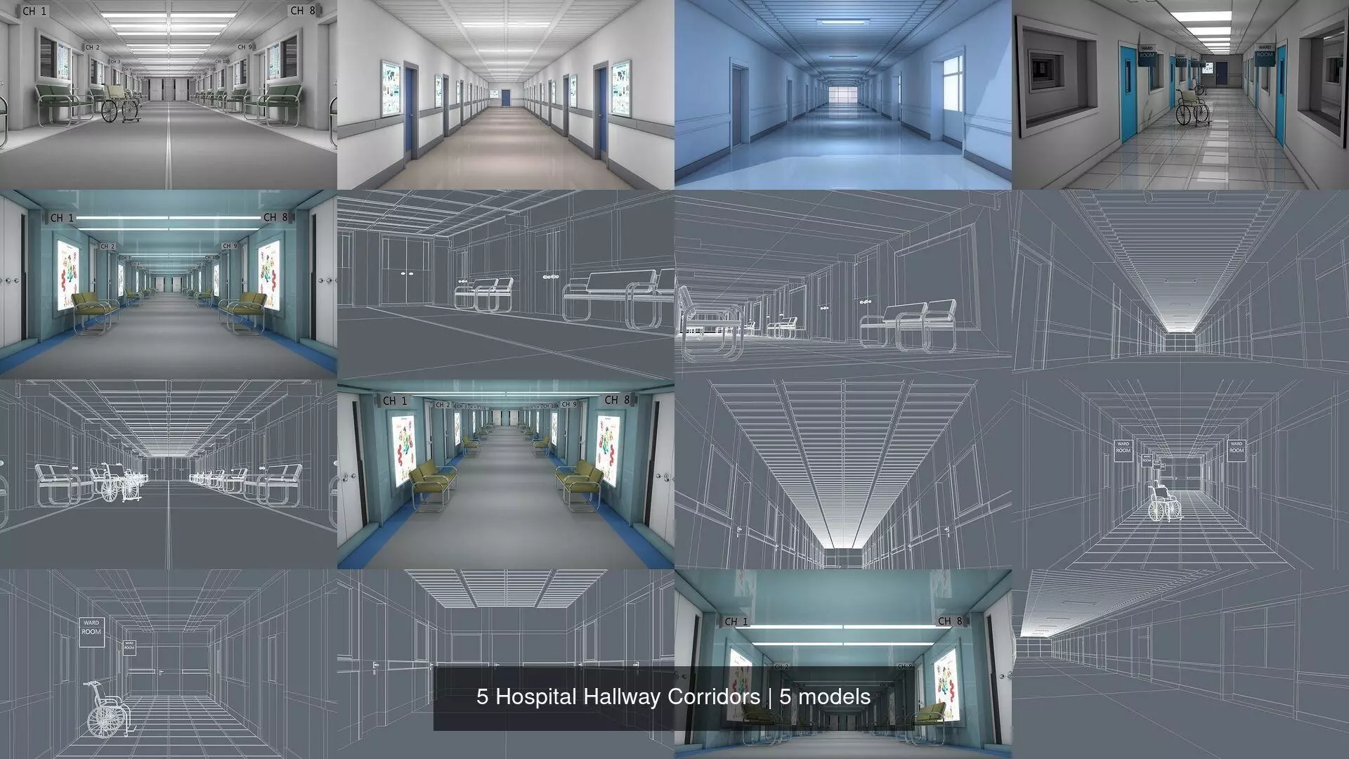 5 Hospital Hallway Corridors 3D Model Collection_0