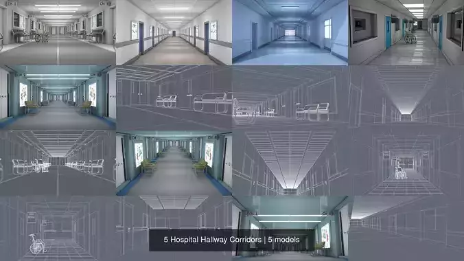 5 Hospital Hallway Corridors 3D Model Collection