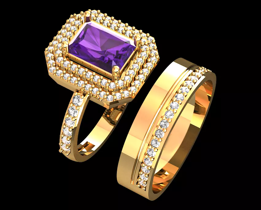 Amethyst and Diamond Gold Ring Set 3D print model
