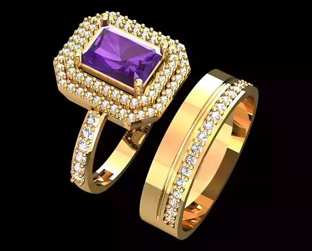Amethyst and Diamond Gold Ring Set