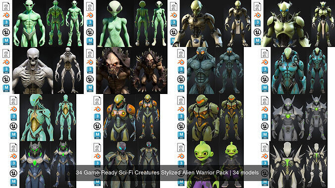 34 Game-Ready Sci-Fi Creatures Stylized Alien Warrior Pack 3D Model Collection