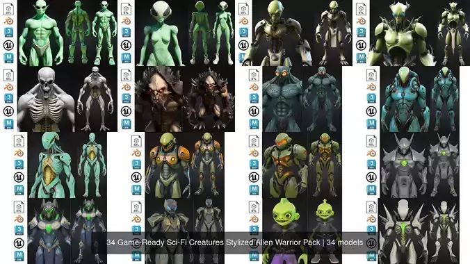 34 Game-Ready Sci-Fi Creatures Stylized Alien Warrior Pack 3D Model Collection