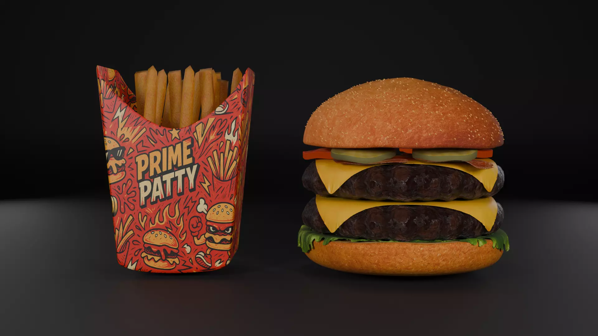Prime Patty 3D Burger Fries Pack Stylized Procedural Free 3D model