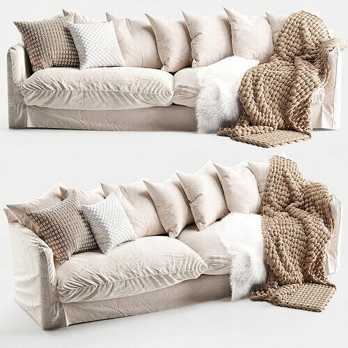 Modern Beige Fabric Sofa 3D Model with Pillows  Throws 3D model