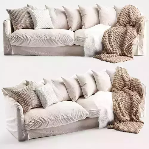 Modern Beige Fabric Sofa 3D Model with Pillows  Throws