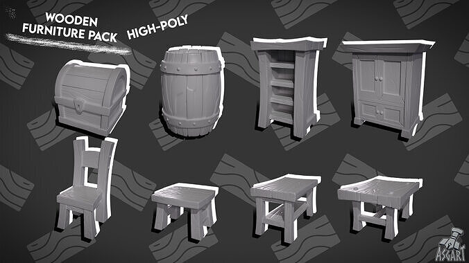 Wooden Furniture Pack High-Poly Printable 3D print model