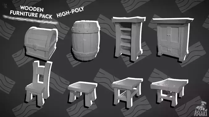 Wooden Furniture Pack High-Poly Printable 3D print model