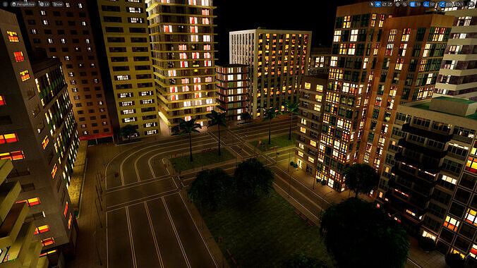 City Downtown Skyscraper Street - Night - Unreal - Lot 03 Low-poly 3D model