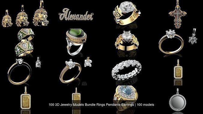 100 3D Jewelry Models Bundle Rings Pendants Earrings 3D Model Collection