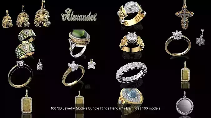 100 3D Jewelry Models Bundle Rings Pendants Earrings 3D Model Collection