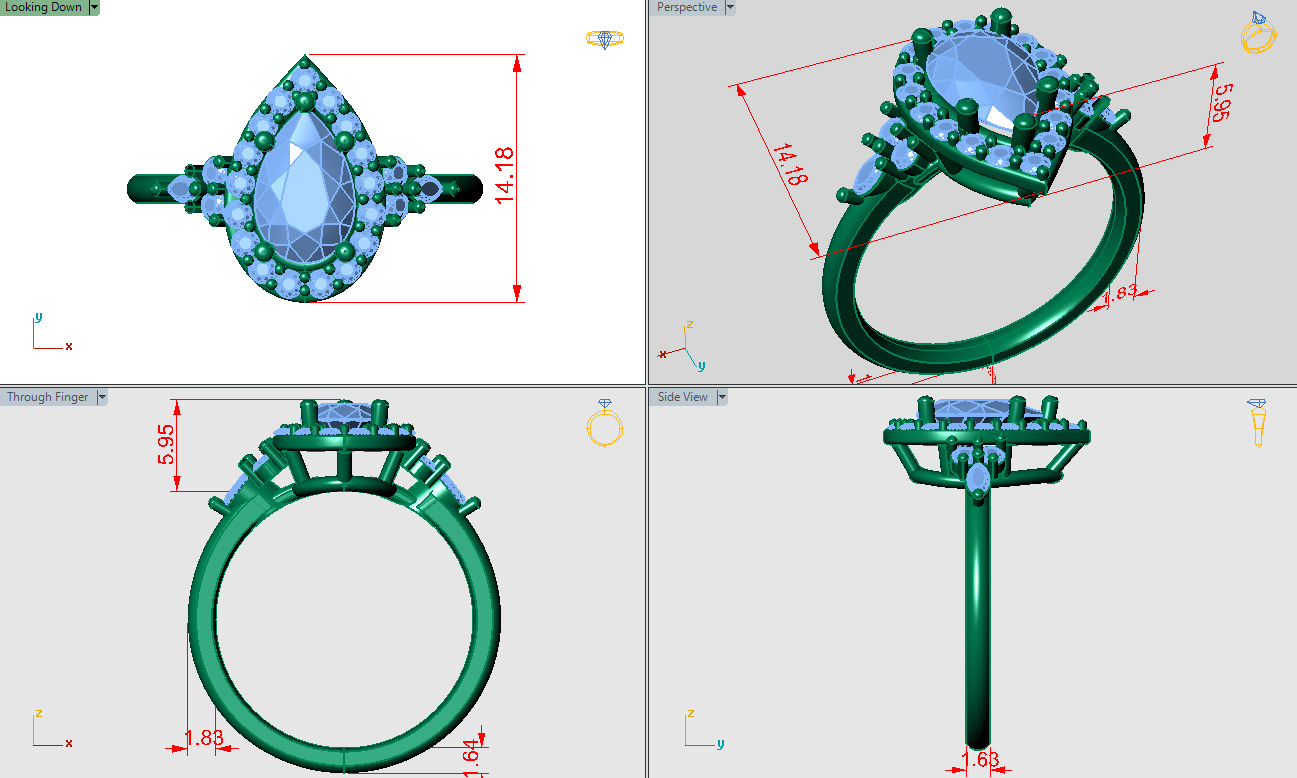 Pear shape halo ring with 3 stones on eachside of the band 3D print model_4