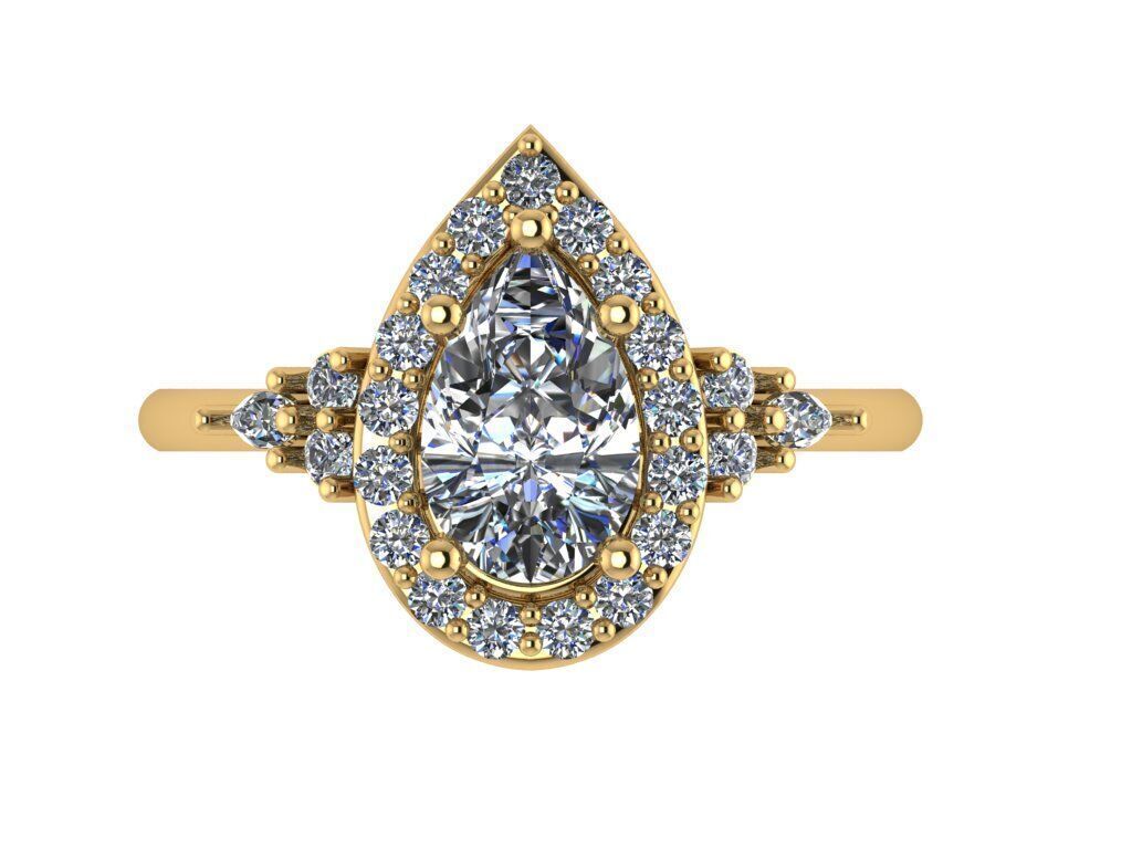 Pear shape halo ring with 3 stones on eachside of the band 3D print model_2