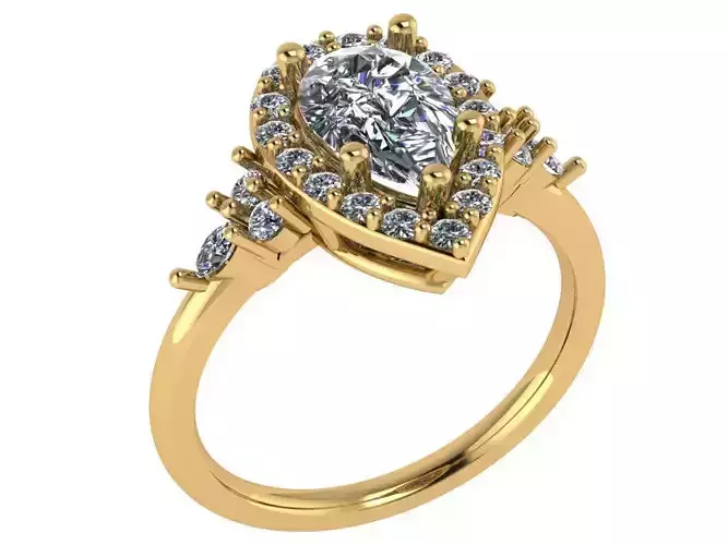 Pear shape halo ring with 3 stones on eachside of the band