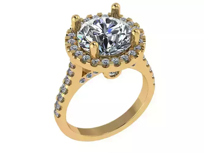 Round halo ring with diamonds along the shank