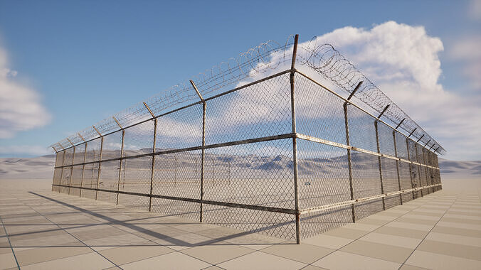 Rusty Security Mesh Fence with Barbed Wire Low-poly 3D model