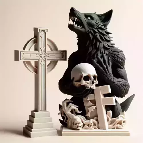 821 Ivory Werewolf Howling with Skull  3D Model  horror