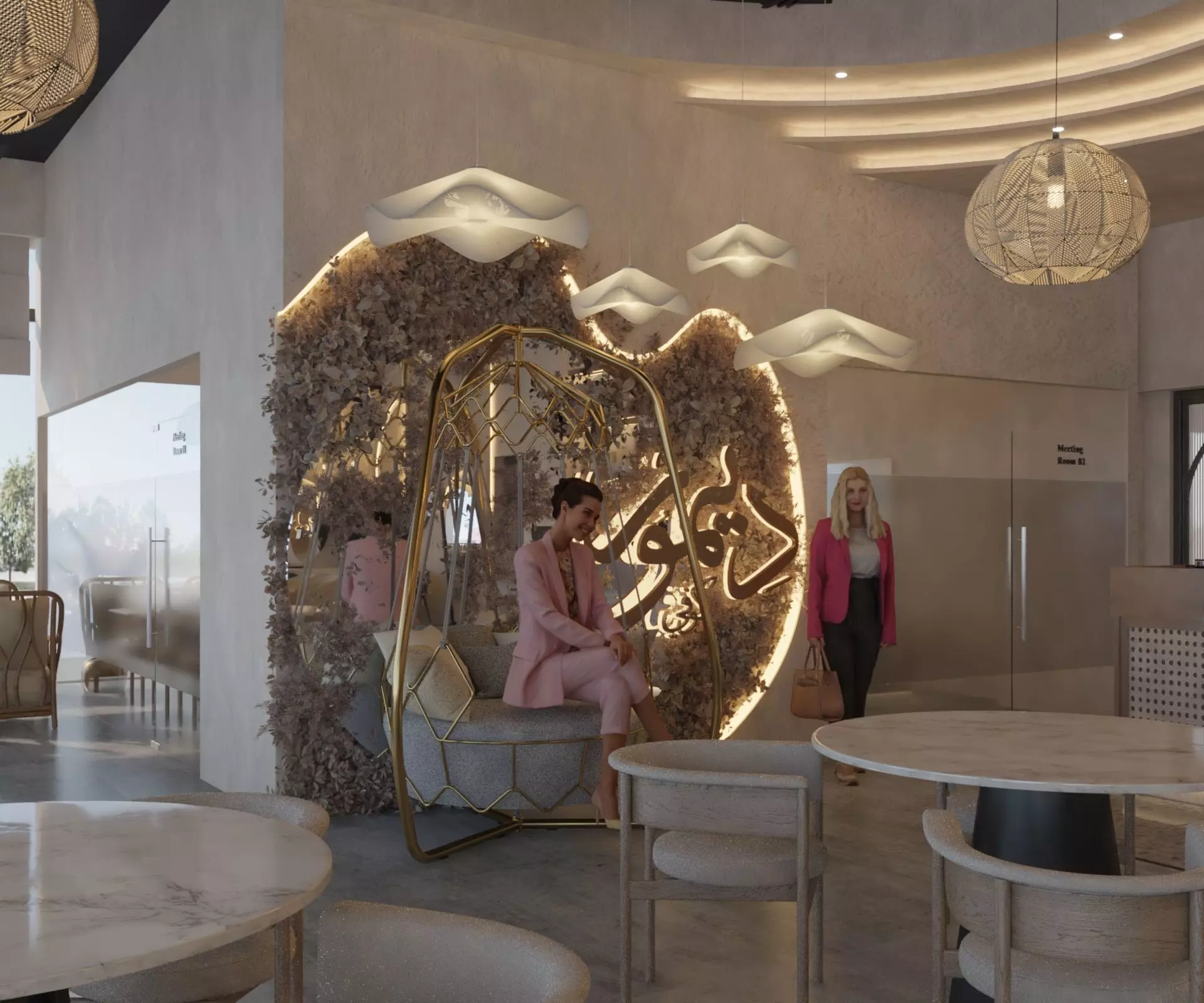 High quality modern coffee shop 3D scene with two meeting rooms 3D model_0