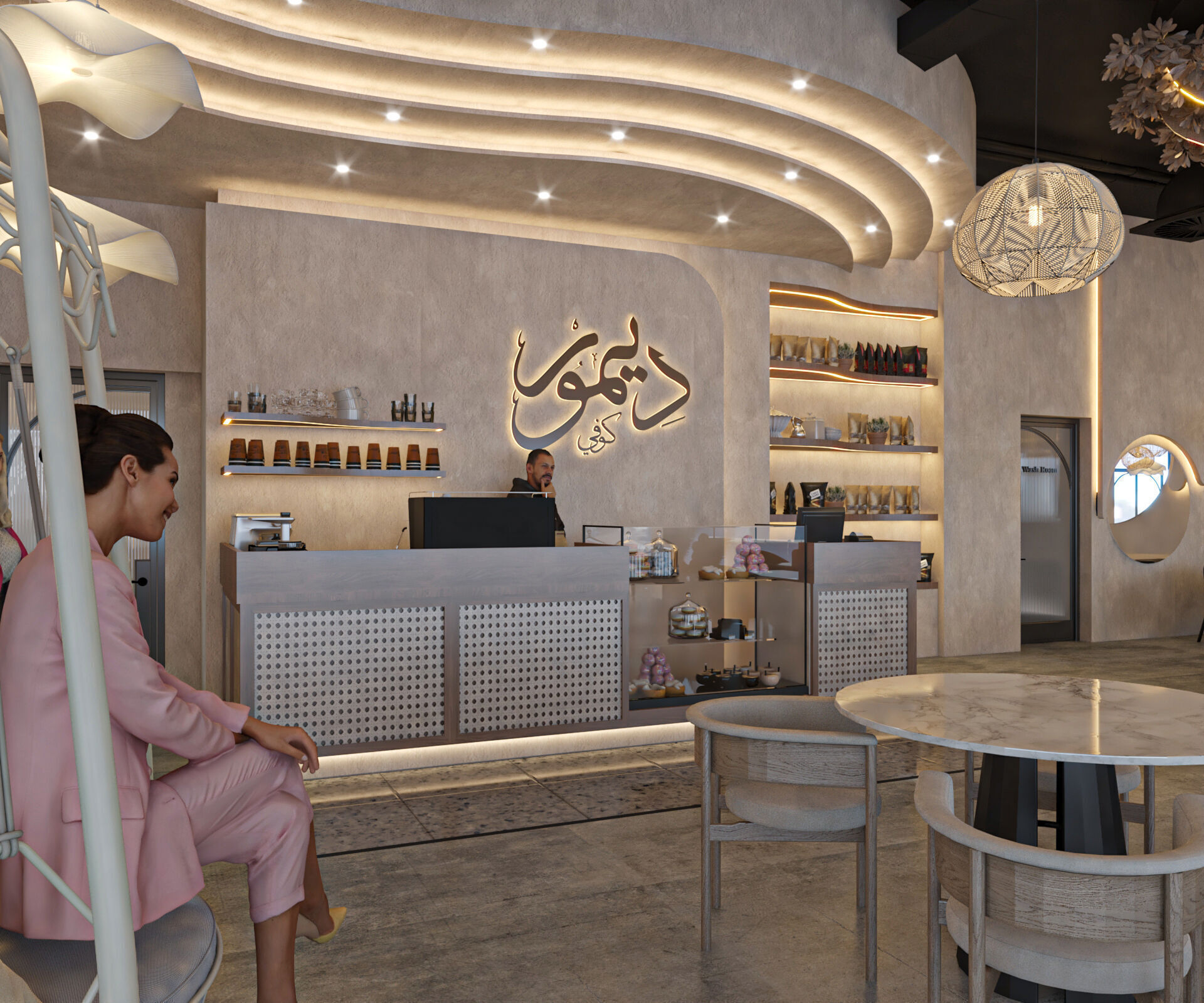 High quality modern coffee shop 3D scene with two meeting rooms 3D model_9