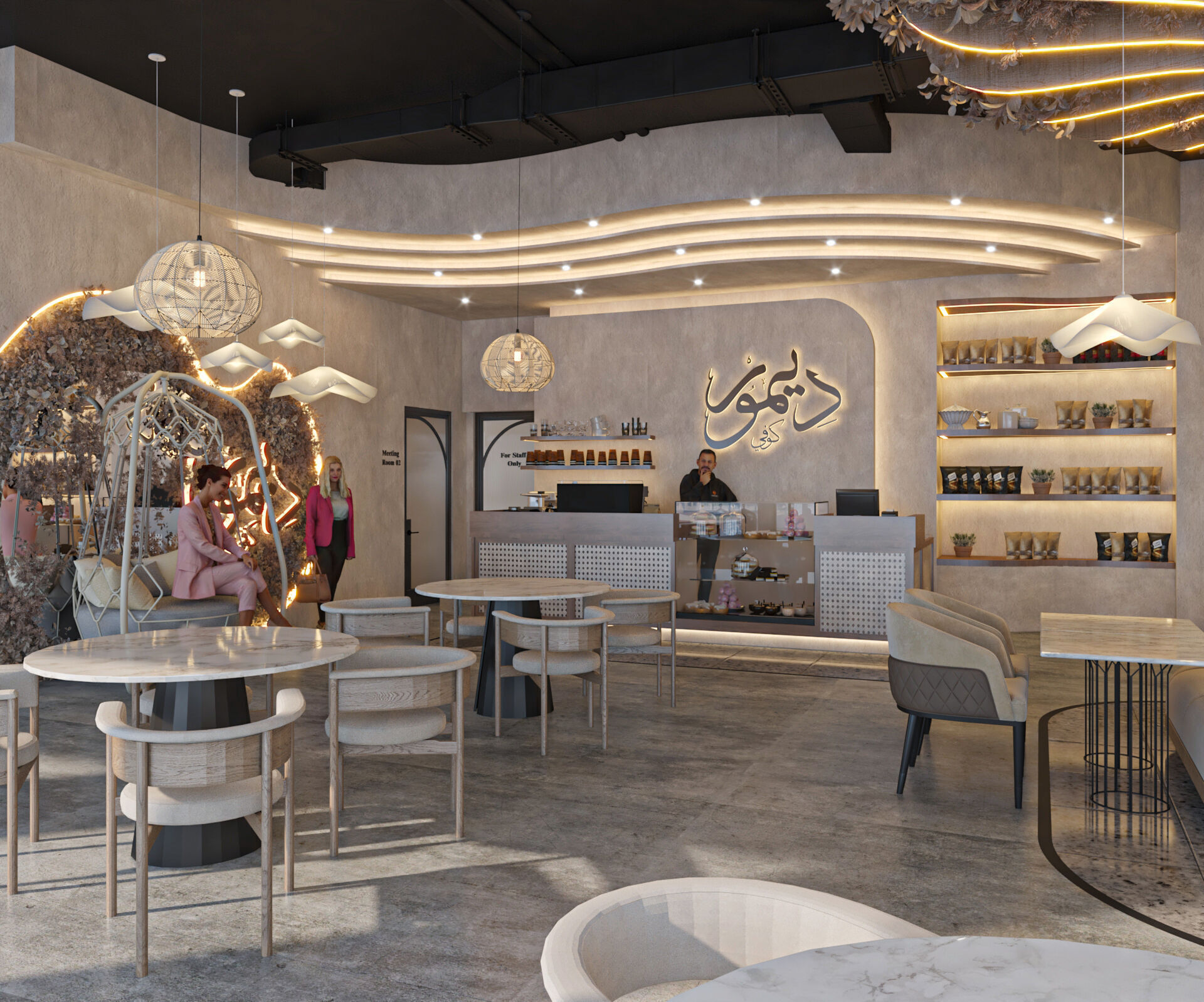 High quality modern coffee shop 3D scene with two meeting rooms 3D model_4