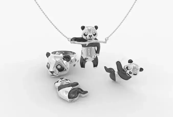 Jewelry set  panda bear with enamel and gems 3D print model