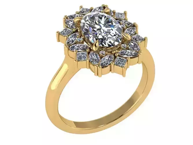 Oval shape halo ring encircled by square and marquise stones