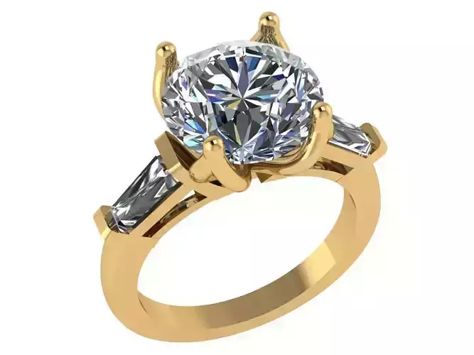 Round shape ring with baguette radiant stones on sides