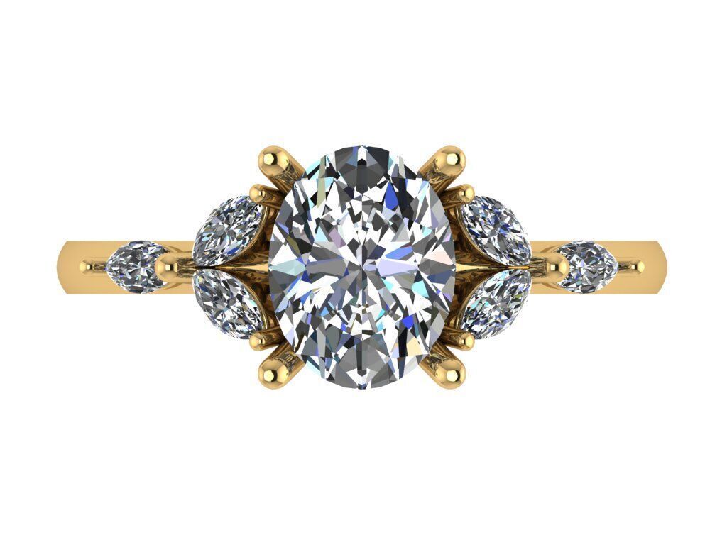 Oval shape prong ring with three marquise shaped stones on sides 3D print model_2