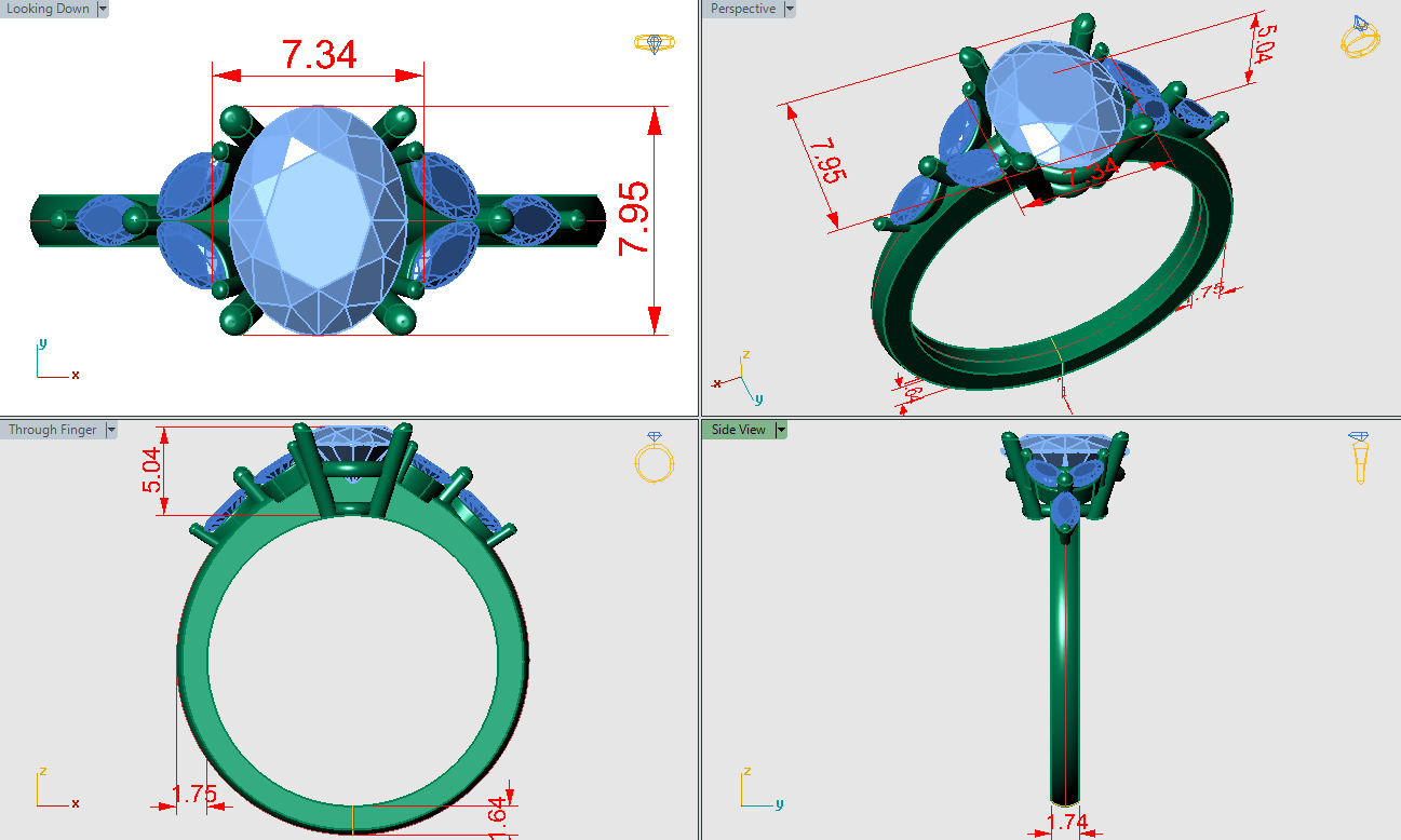 Oval shape prong ring with three marquise shaped stones on sides 3D print model_4