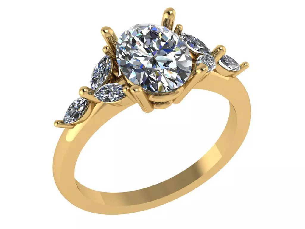 Oval shape prong ring with three marquise shaped stones on sides 3D print model_0