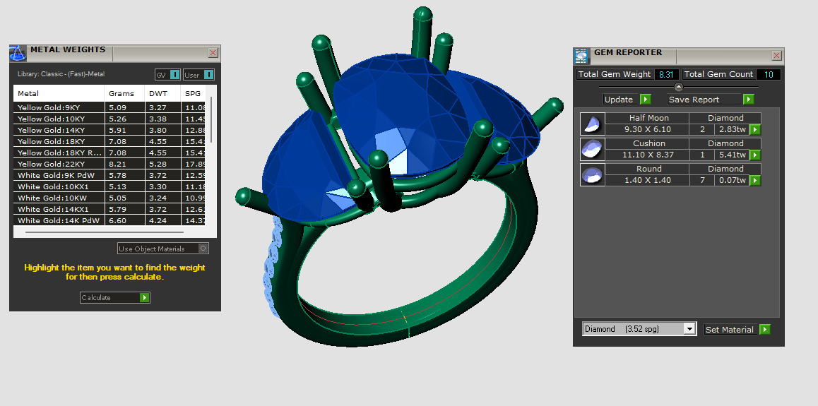 Cusion shape ring and half moon diamonds and pave setting along 3D print model_5